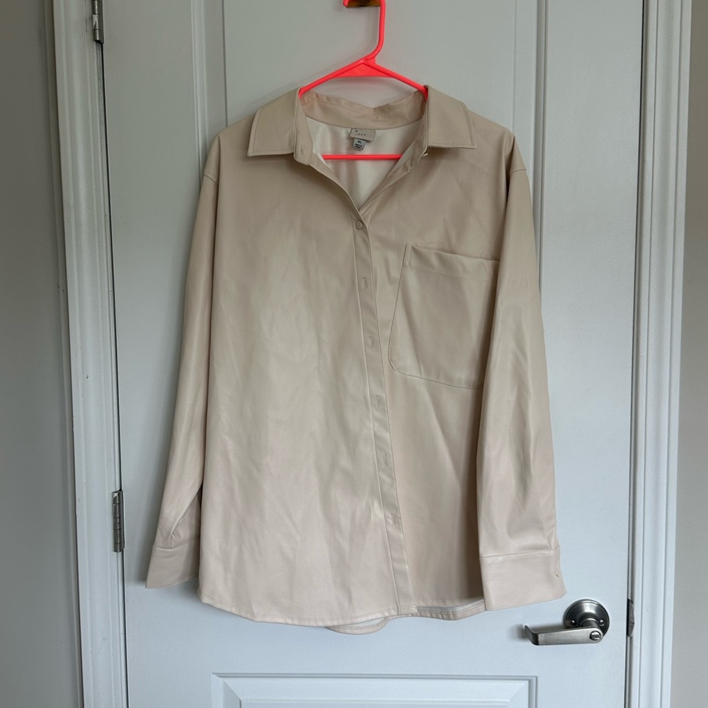 Women’s button down faux leather cream top